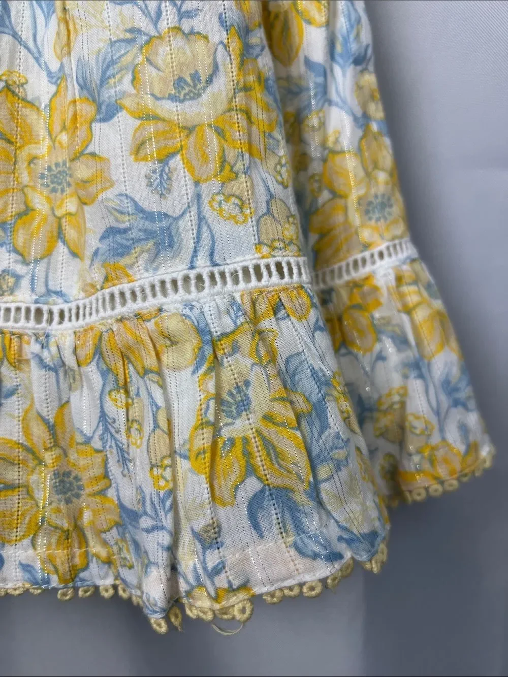 Sincerely Jules white yellow blue floral print ruffle dress with gold accents
